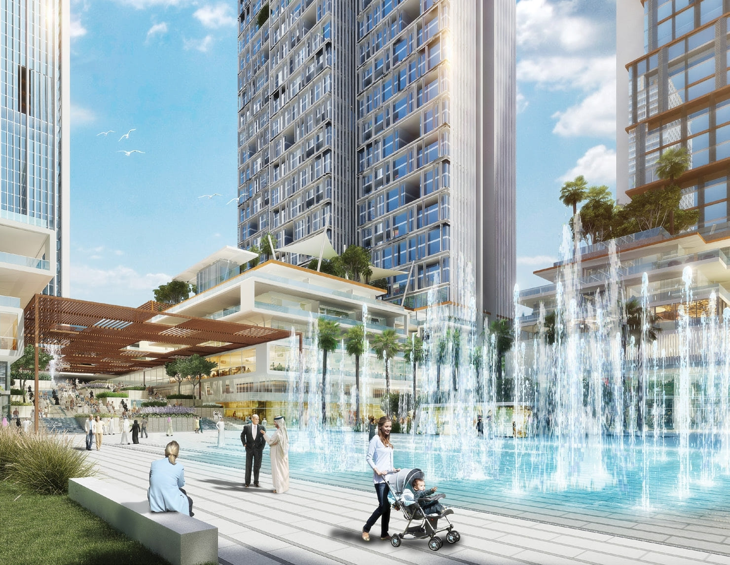 Landscaped areas with playful water features amenity image