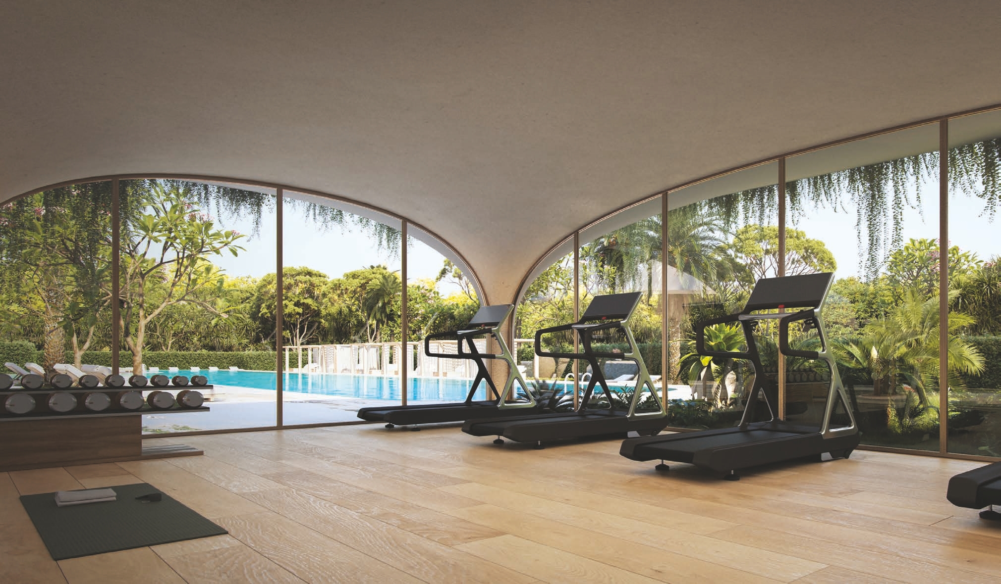 Fitness and yoga studio with direct views of the pool and gardens amenity image
