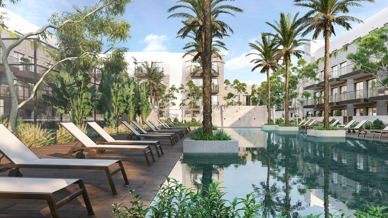 Leisure and lap pool with cabanas and sun loungers amenity image