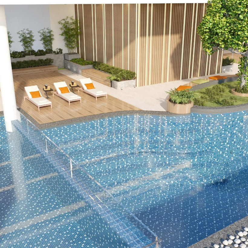 Rooftop pool with relaxation area amenity image
